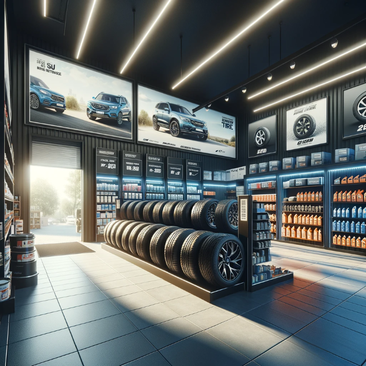 Vetrina dei nostri prodotti, inclusi pneumatici di ultima generazione e accessori per auto, con enfasi sulla qualità e la varietà